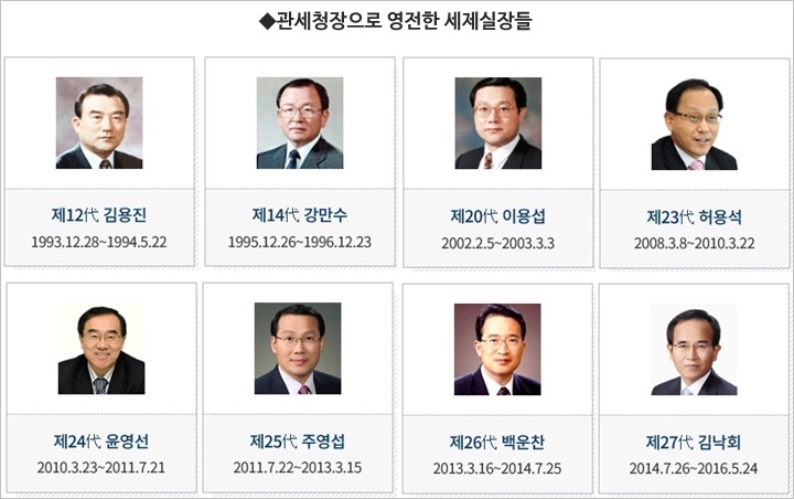 관세청장으로 영전한 세제실장들. 사진아래 내용은 역대관세청장들의 재임기간이다. [사진출처: 관세청 홈페이지]