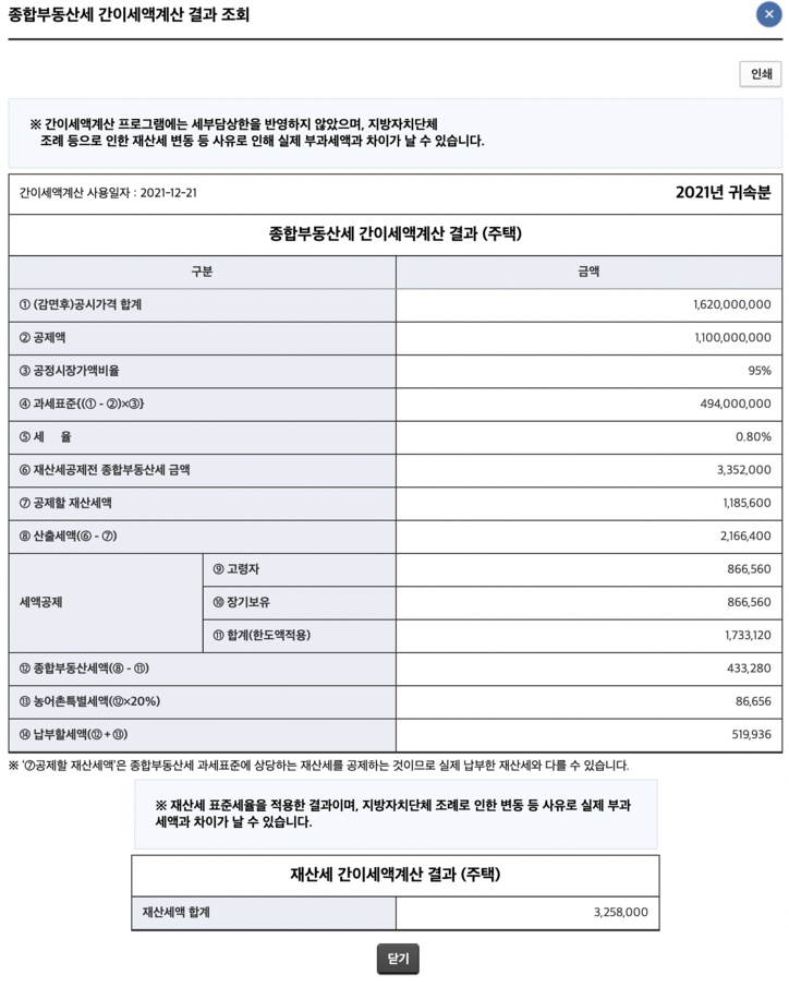 종합부동산세 간이세액계산 결과조회