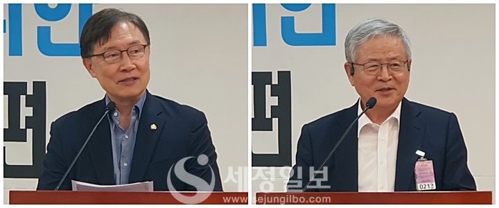 개회사를 하는 최재형 국회의원(좌)과 환영사를 하고 있는 우창록 (재)굿소사이어티 이사장..