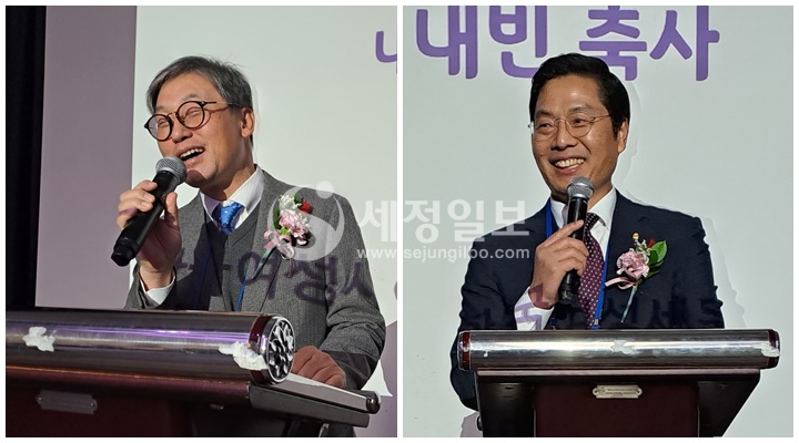 김태수 춘천세무서장(좌)과 구재이 한국세무사회장이 축사를 하고 있다.