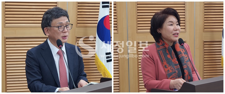 오문성 한국조세정책학회장(좌)이 개회사를 하고 있다. 국민의힘 조은희 의원(우)이 축사를 하고 있다.