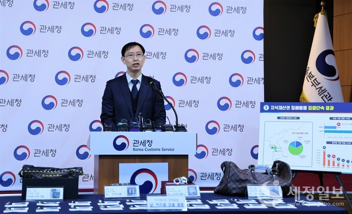 23일 서울세관에서 지재권 집중단속 결과를 발표하고 있는 하춘호 인천세관 통관감시국장.[관세청 제공]