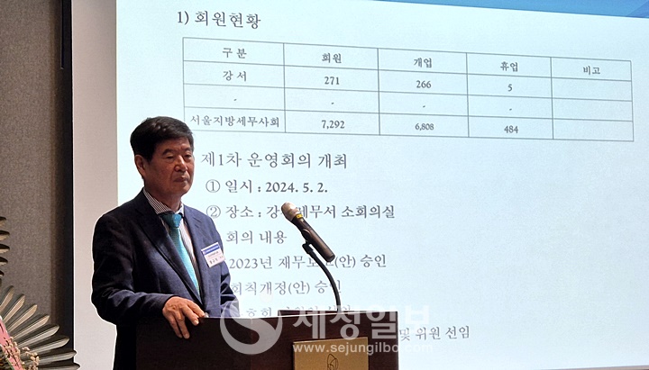 황규석 강서지역세무사회장이 회무보고를 하고 있다.