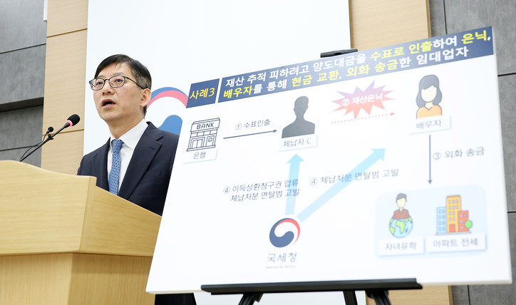21일 세종시 국세청 기자실에서 안덕수 징세법무국장이 고액체납자 추적조사에 대해 브리핑을 하고 있다. [사진: 국세청]