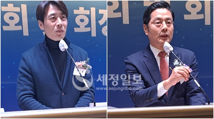 더불어민주당 한준호 의원과 구재이 한국세무사회장이 축사를 하고 있다.