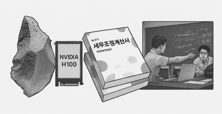 ‘인류 최초의 돌도끼, 현대의 H100, 그리고 세무사의 고객정보와 컨설팅-세 가지 생산수단을 한눈에 형상화'_ChatGPT 4o [필자 제공]