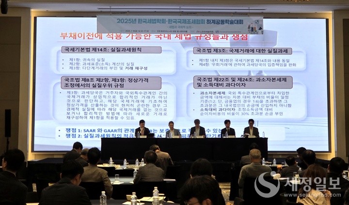 제2세션은 이중교 연세대학교 교수의 사회로 법무법인 광장의 김정홍 외국변호사와 조필제 변호사가 ‘부채이전(debt push-down) 거래의 과세 문제에 대한 국제적 동향의 검토’를 주제로 공동 발표했다. [사진: 한국세법학회]