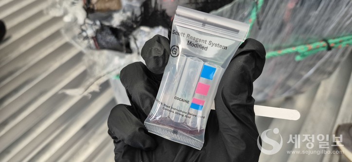 부산세관 직원들이 마약탐지키트를 통해 꾸러미 속 물질에서 코카인 반응을 확인하고 있다. [관세청 제공]