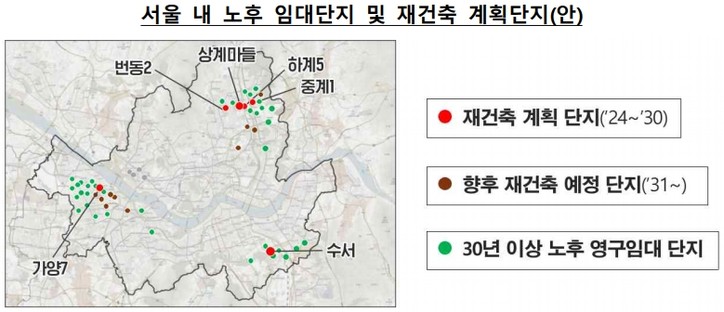 정부는 서울 주요 입지에 있는 준공 30년 이상 경과한 노후 영구임대 등 공공임대 주택을 재건축해 ’30년까지 수도권 2.3만호 착공 * 수도권 내 준공 30년 이상 경과 장기임대는 8.6만호(‘24.末), 10년 후 16.9만호로 증가