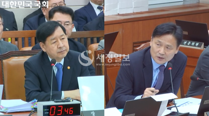 13일 국회 기재위의 기획재정부에 대한 국정감사에서 민주당 김영진 의원(우)이 구윤철 부총리를 상대로 질의하고 있다.